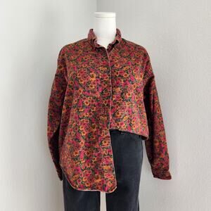 Vintage 90s Land's End Red Green Orange Autumn Fall Floral Button Down Shirt L